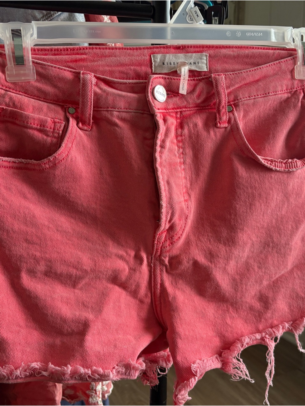 Risen Jeans Coral Pink Frayed Denim Shorts